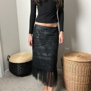 vintage 90s y2k black silk tiered lace fairy goth tulle low rise midi maxi skirt